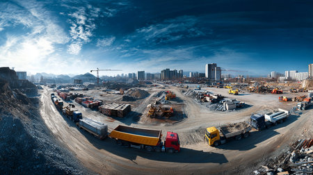 Construction site with cranes and building under construction. Panorama.の素材