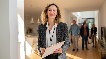 Portrait of smiling businesswoman holding clipboard in office with colleagues in backgroundの素材