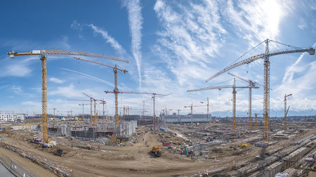 construction site with cranes on blue sky and white clouds backgroundの素材