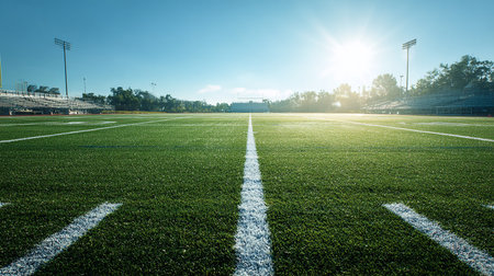 soccer field with green grass and blue sky in the stadium.の素材