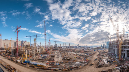 Construction site with cranes and building under construction, Moscow, Russiaの素材