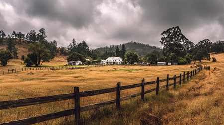 A farm in the countryside of Tasmania, Australia on a cloudy day.の素材