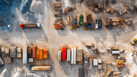 Aerial view of a construction site with cranes and trucks.の素材