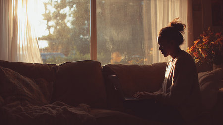 Young woman using laptop on sofa at home in the evening. Side view.の素材