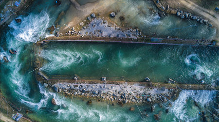 Aerial view of a fishing boat in the river. Top view.の素材