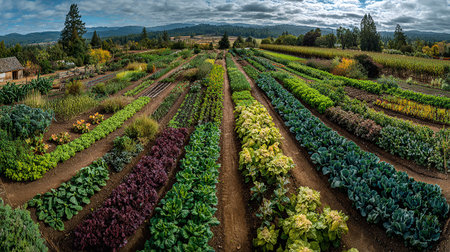 Aerial view of a vegetable garden on a hillside in Australia.の素材