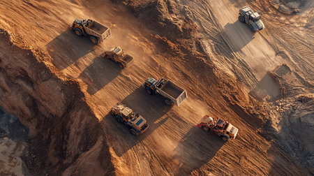 Aerial view of heavy duty trucks working in an open pit mineの素材