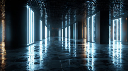 3D rendering of an empty corridor with neon lights in a modern buildingの素材