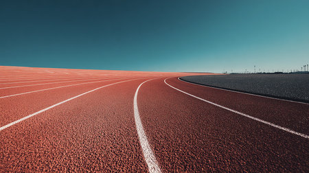 Running track in a stadium with blue sky background and copy space.の素材