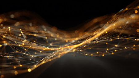 Abstract 3d rendering of golden particles. Network connection structure. Futuristic background.の素材