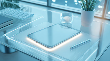 Tablet with blank screen on table in office. 3D renderingの素材