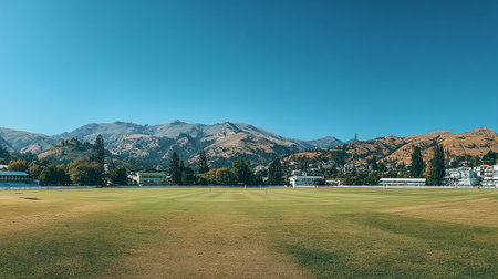 Cricket field with green grass and mountains in the background.の素材