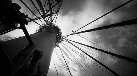 A black and white shot of a tall steel structure under a cloudy skyの素材