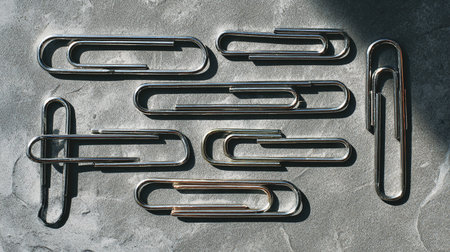 A set of metal paper clips on a gray background. Top view.の素材