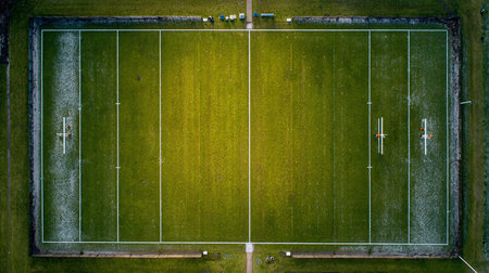 Aerial view of a football field at sunset. Top view of soccer fieldの素材