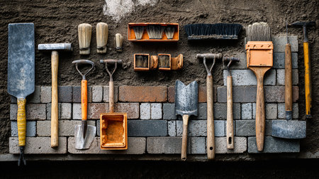 Set of construction tools on a brick wall background with copy space.の素材