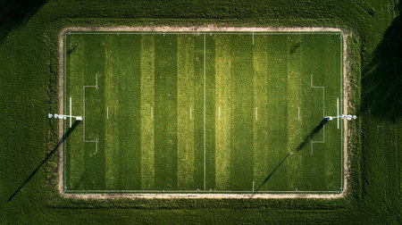 Aerial view of a football field with grass and soccer field.の素材