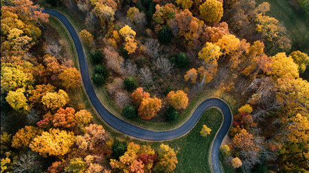 Aerial view of a winding road in the autumn forest. Top viewの素材