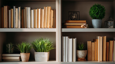 Bookshelf with different books and potted plants, closeupの素材