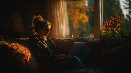 Young woman sitting on sofa with laptop at home in the evening.の素材