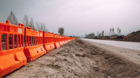 Construction of a new road with orange barrier on a construction site.の素材
