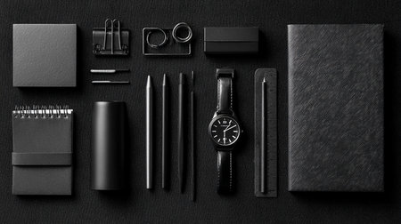 Black office stationery on black background. Flat lay, top view.の素材