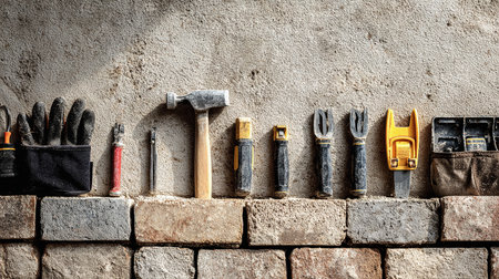 Set of tools on brick wall background. Construction and renovation concept.の素材