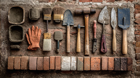 Garden tools on old brick wall background. Top view. Toned.の素材
