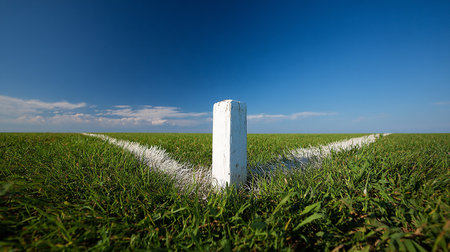 White pole on green grass field with blue sky background, horizontal pictureの素材
