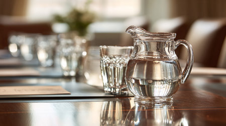 Glass of water on the table in a restaurant, shallow depth of fieldの素材