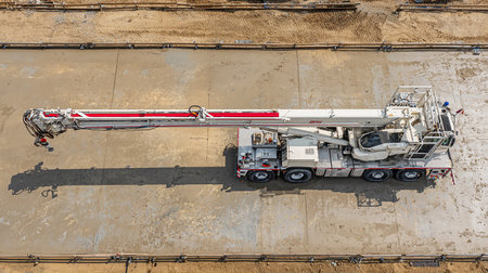 Aerial view of a construction site with a crane and a truckの素材