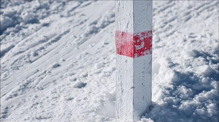 Close-up of a signpost on a snow covered ski slopeの素材