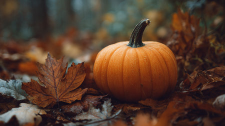 Pumpkin in the autumn forest. Halloween background. Close up.の素材