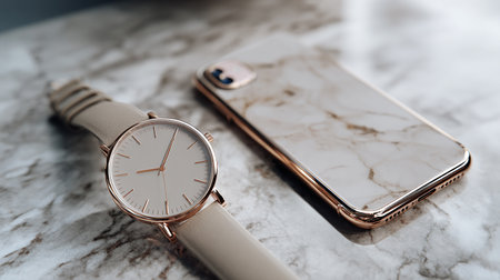 Stylish wristwatch and smartphonele table, closeup viewの素材