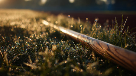 Close-up of a baseball bat on the grass at sunset.の素材
