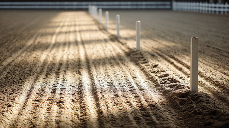 Horse race track with white poles and shadows on the ground.の素材