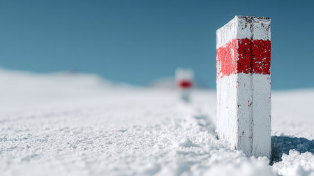 Wooden signpost in the snow with a red arrow pointing to the leftの素材