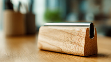 Close up of wooden book on wooden table in coffee shop. Selective focus.の素材