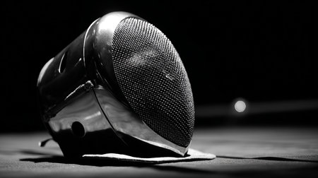 Close-up of a microphone on a black background. Black and white photo.の素材