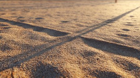 Tire tracks in the sand of a beach at sunset. Abstract backgroundの素材