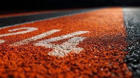 Running track with white numbers on it. Conceptual image of sport.の素材