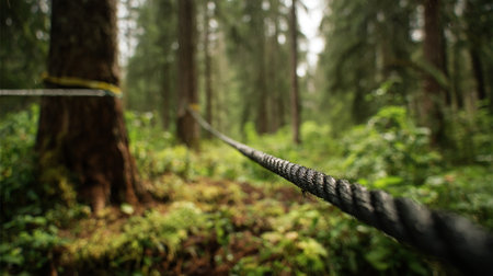 Close up of a rope bridge in the forest with a blurred backgroundの素材
