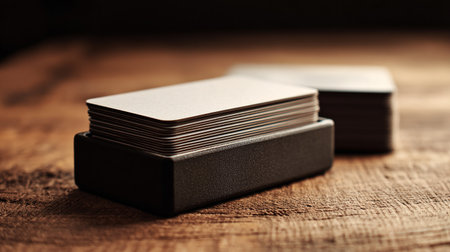 Stack of business cards on a wooden table. Selective focus.の素材