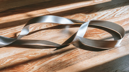 Curled silver ribbon on wooden background. Shallow depth of field.の素材