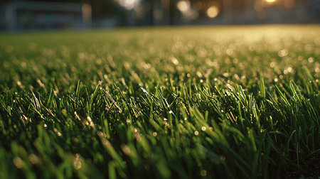 Green grass on the football field in the evening light, close-upの素材
