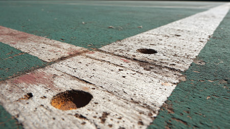 Close-up of a marking on an asphalt road surface with a white lineの素材