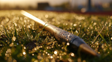 Close up shot of a pen lying on the grass at sunset.の素材