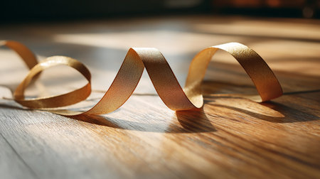 Golden ribbon on a wooden background. Shallow depth of field.の素材