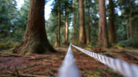 A vertical shot of a chain link fence in the middle of a forestの素材