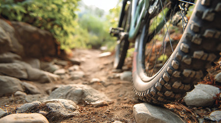 Mountain bike on the trail in the forest. Close-upの素材